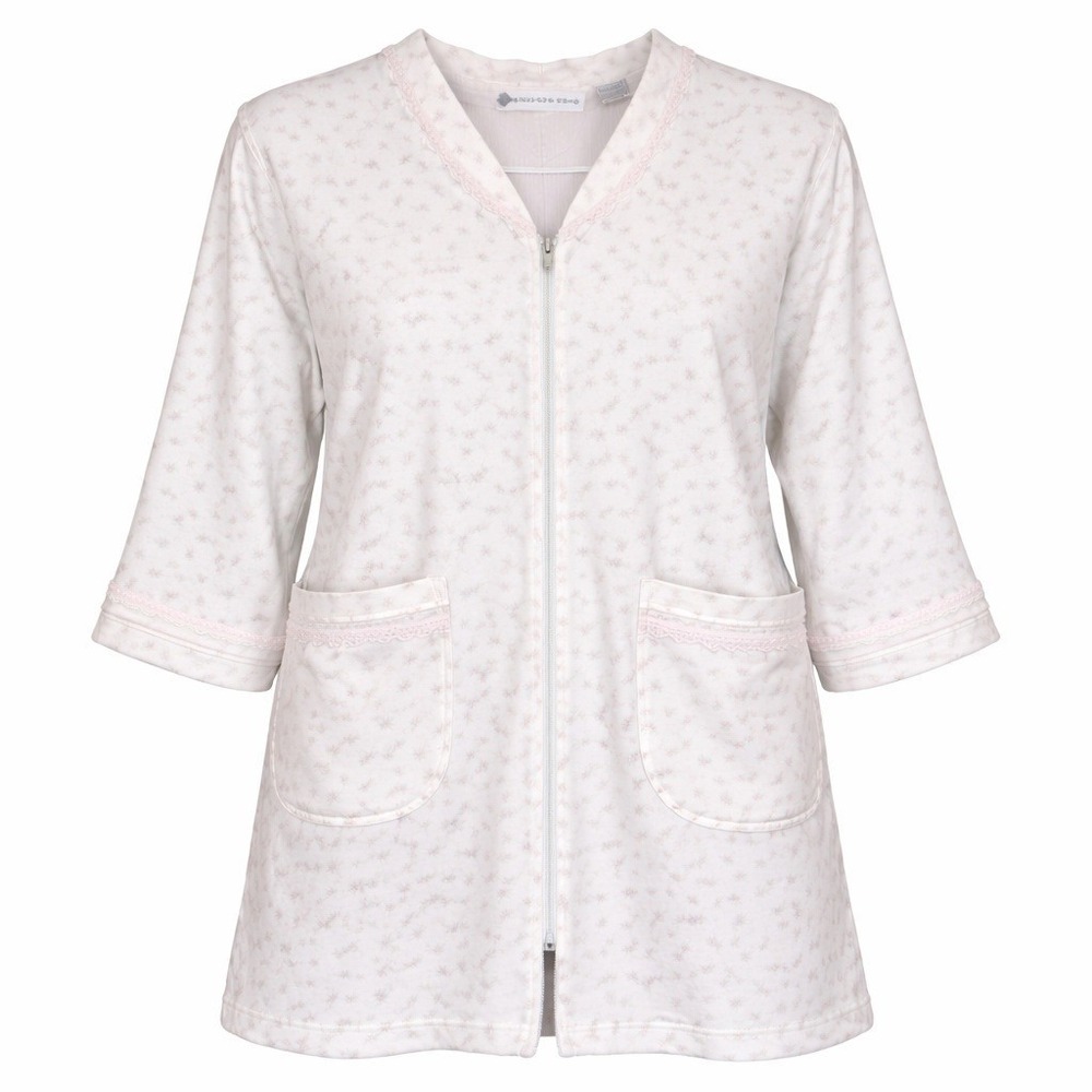 Eileen West Traditional Nightgown Robe Size M Pink Floral Lace Trim Zip Front